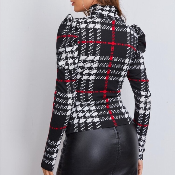 Elegant Plaid FITTED Print Long Puff Sleeve High Neck Top Blouse - Picture 3 of 6